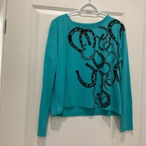 Roper Teal Long-Sleeve Graphic Tee with Horseshoe Design - Size S - NWT
